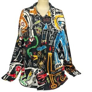 Men’s Flannel Multicolor Graffiti Basquiat Style Print Button Down Shirt Sz XL